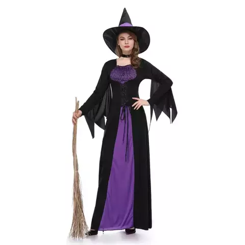 Fantasia Halloween Bruxa Roxa Adulta Completa
Vestido longo com mangas amplas e detalhes em roxo, acompanha chapéu.