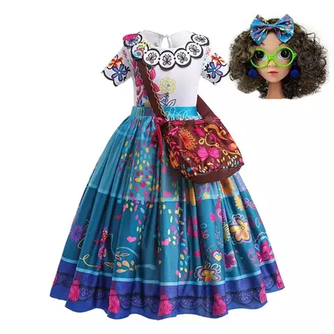 Fantasia infantil da Mirabel do filme Encanto com vestido azul e branco estampado, bolsa marrom com detalhes coloridos e acessórios incluindo óculos verdes e laço colorido para cabelo