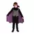 Criança vestida com fantasia de vampiro infantil para Halloween, com capa preta e roxa, colete cinza e camisa preta