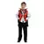 Menino vestido com fantasia infantil de vampiro para Halloween com colete vermelho decorado com morcegos pretos, camisa branca, calça preta e capa preta com gola alta vermelha