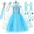 Fantasia infantil de luxo da Rainha Elsa, com vestido azul, capa, tiara, varinha, luvas e acessórios.
