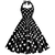Vestido de bolinha feminino estilo anos 60, com estampa de bolinhas brancas sobre fundo preto.
