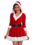 Roupa de Papai Noel feminina com capuz, detalhes em pelúcia e saia rodada.