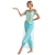 Traje de dança do ventre feminino na cor azul clara, com detalhes em dourado e tecido brilhante. A modelo exibe uma pose elegante.