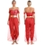 Traje de dança do ventre feminino na cor vermelha, com detalhes brilhantes e saia de tule. Mostra a frente e as costas do traje.