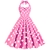 Vestido feminino rosa com bolinhas brancas, estilo anos 60, modelo com alças e saia rodada.