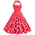 Vestido feminino vermelho de bolinhas brancas, estilo anos 60, com alças e saia rodada.