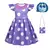 Vestido infantil lilás com bolinhas brancas, inspirado na personagem Inveja do filme Divertidamente, acompanhado de uma bolsa e uma máscara.