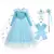 Fantasia infantil da princesa Elsa, com vestido azul, capa com flocos de neve, luvas, tiara, colar e varinha mágica.