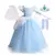 Fantasia infantil da Princesa Cinderela em tom de azul, com saia volumosa, tiara, varinha e acessórios.