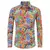 Camisa masculina retrô de manga longa com estampa colorida de flores, típica dos anos 70/80.