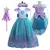 Vestido infantil estilo princesa sereia Ariel, com tiara e varinha, em tons de azul e lilás.
