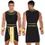 Fantasia Gladiador Romano Masculina em preto e dourado, vista frontal e traseira, com detalhes em ouro e braceletes.