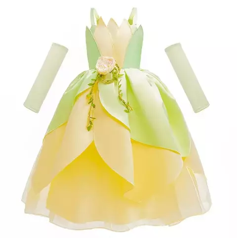 Vestido infantil da Princesa Tiana com detalhes em verde e amarelo, adornado com uma flor e folhas.