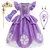 Fantasia da Princesa Sofia infantil com vestido roxo, tiara, luvas, cetro e acessórios.