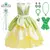 Fantasia de Princesa Tiana Infantil com vestido verde e amarelo, tiara, varinha, colares e luvas verdes.