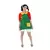 Mulher usando uma fantasia colorida com blusa verde, gola amarela e mangas vermelhas, combinada com shorts brancos e meias arrastão.