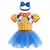Fantasia de princesa encantada para bebês, com saia de tule azul e detalhes inspirados em personagens de desenhos animados.