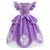 Vestido infantil da Princesa Sofia, em tom de roxo, com detalhes em brilho e estampas florais na saia.