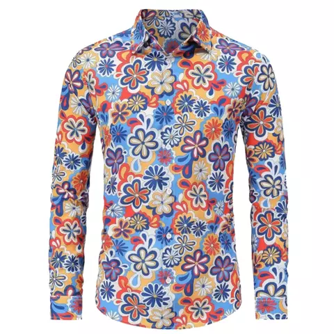 Camisa masculina de manga longa com estampa retrô colorida, inspirada nos anos 70/80, apresentando flores em várias cores.