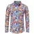 Camisa masculina de manga longa com estampa retrô colorida, inspirada nos anos 70/80, apresentando flores em várias cores.