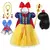 Fantasia Branca de Neve infantil com vestido amarelo e azul, acessórios como luvas, colar, tiara e peruca.