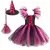 Fantasia infantil de bruxa com vestido rosa e preto, chapéu pontudo preto com fita rosa e vassoura decorativa combinando
