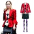 Fantasia Coringa Lady Gaga para adultos, destacando um blazer vermelho, saia preta e meias listradas em roxo e preto.
