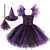 Fantasia infantil de bruxa com vestido em tule roxo e preto, chapéu pontudo preto com fita roxa e vassoura decorativa com tule roxo