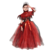 Menina vestida com fantasia vampira medieval de luxo em tons de vermelho e preto, com detalhes em tule e um colarinho decorativo.