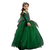 Menina vestida com fantasia de fadinha verde, com detalhes em tule e coroa de flores.