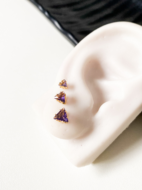 TRIO DE BRINCOS TRIÂNGULO TANZANITE | BANHADO A OURO 18K