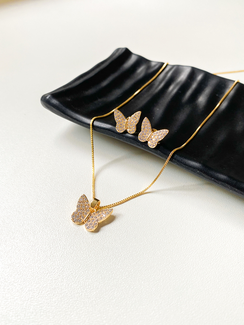 Conjunto Borboleta cravejada | banhado a ouro 18k