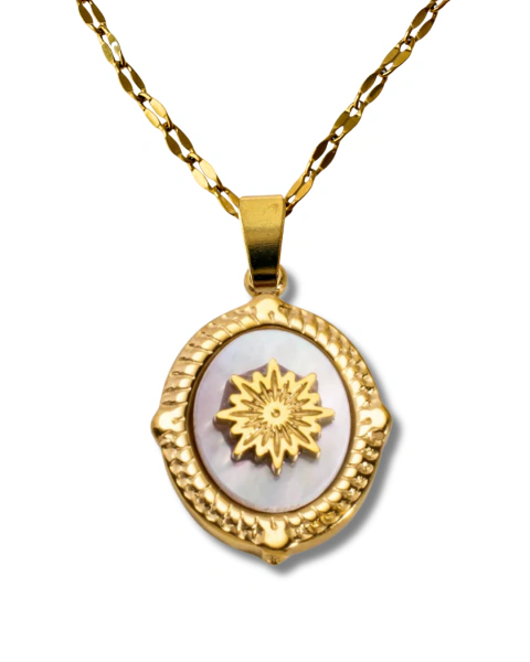 Dije óvalo con sol concha abulón oro laminado 18k