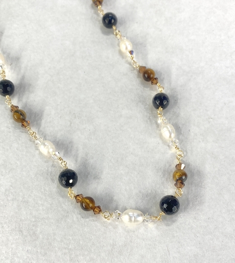 Collar ónix, ojo de tigre, perla y swarovski