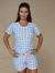 Pijama feminino xadrez azul clássico chique curto suede premium - Conjunto blusa manga curta e short lacinho coral