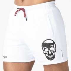 short masculino curto para academia branco com caveira