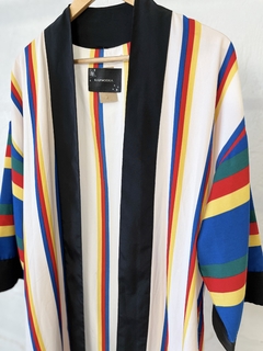 KIMONO RAPSODIA BLANCO RAYAS COLORES BORDE NEGRO - comprar online