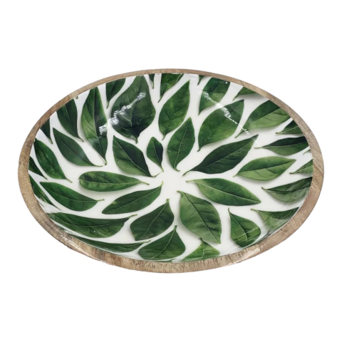 Bandeja Redonda Esmaltada - Hojas Verdes (35cm Diam)