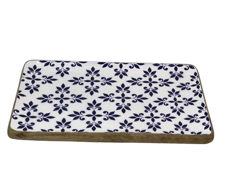 Bandeja Rectangular Esmaltada - Diseño Azul y Blanco (44x25cm)