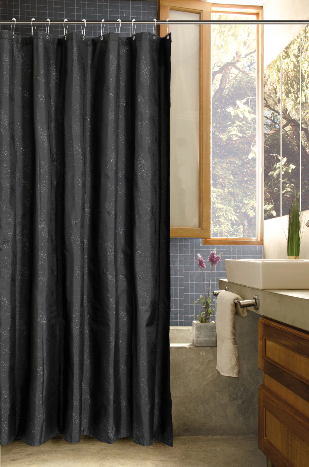 SET CORTINA DE BAÑO + 12 GANCHOS GLITTER A7245