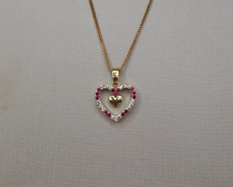 PINGENTE CORAÇÃO ZIRCONIA ROSA E CRISTAL