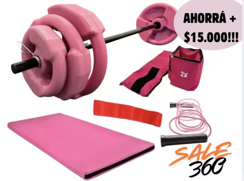 KIT ROSA: Barra con topes, 2 discos 7 kg, 2 discos 3 kg y 2 discos 1.5 kg, Colchoneta , Banda circular, Soga, Par tobis 2 k DE REGALO - comprar online
