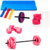 Kit de barra con 18 kg (6 discos 3 kg Rosa), Par tobilleras 2 kg Rosa, bandas x3 unidades, rueda abdominal, Par Mancuernas 3 kg Rosa, Colchoneta Rosa