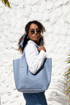 Bolsa Saco Couro Legítimo Azul Denim