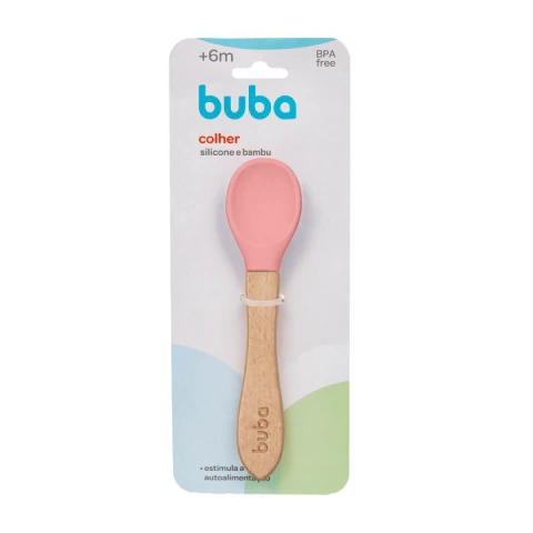BUBA - COLHER DE SILICONE E BAMBU - ROSA