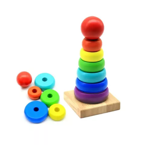 BRINQUEDO TORRE DE MADEIRA COM ANÉIS CORES VIBRANTES 14CM