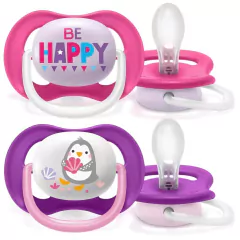 AVENT - KIT COM 2 CHUPETAS ULTRA AIR HAPPY MENINA 6M+