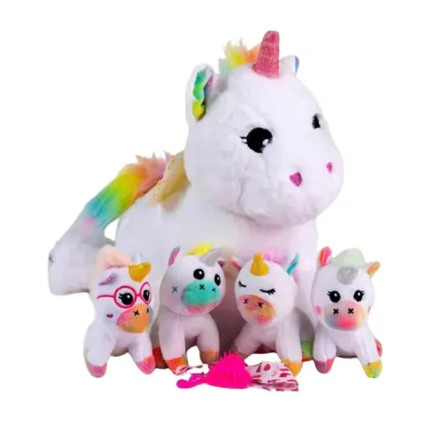 PELÚCIA MAMÃE UNICÓRNIO COM 4 FILHOTES E ACESSÓRIO