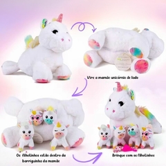 PELÚCIA MAMÃE UNICÓRNIO COM 4 FILHOTES E ACESSÓRIO na internet